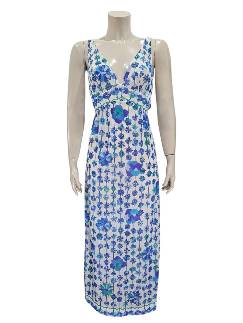 Vtg 70s EMILIO PUCCI Formfit Rogers Signed Blue White Floral Print Maxi Dress XS